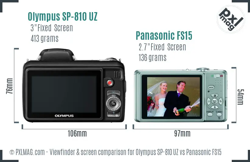 Olympus SP-810 UZ vs Panasonic FS15 Screen and Viewfinder comparison