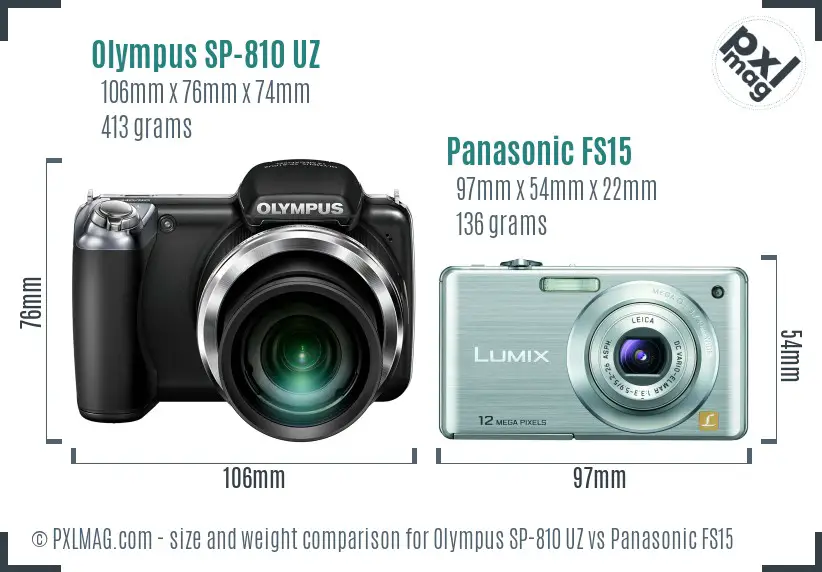 Olympus SP-810 UZ vs Panasonic FS15 size comparison