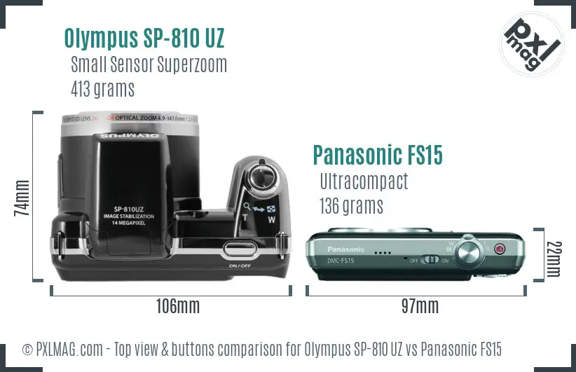 Olympus SP-810 UZ vs Panasonic FS15 top view buttons comparison