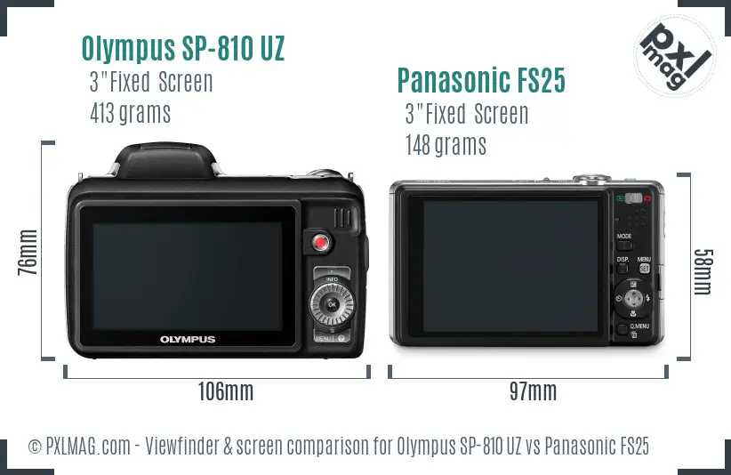 Olympus SP-810 UZ vs Panasonic FS25 Screen and Viewfinder comparison