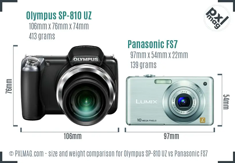 Olympus SP-810 UZ vs Panasonic FS7 size comparison