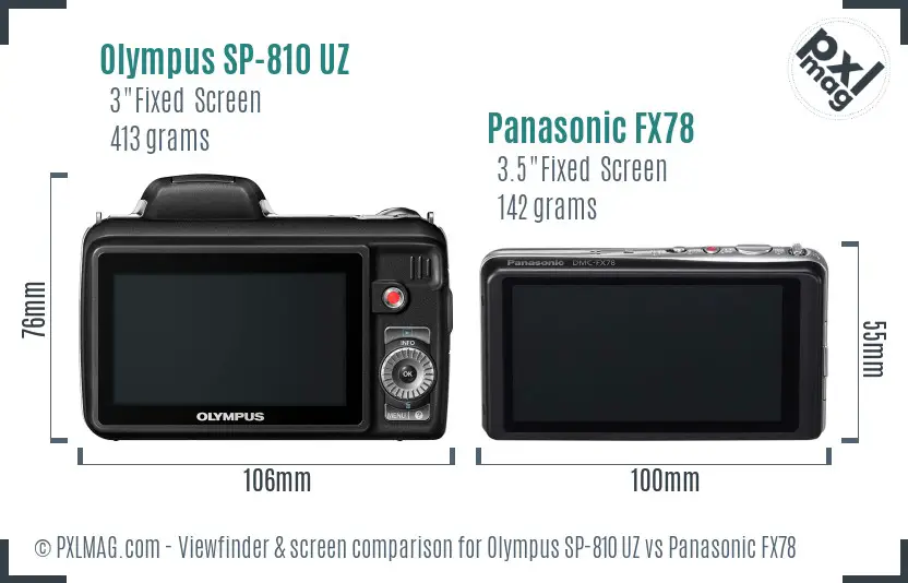 Olympus SP-810 UZ vs Panasonic FX78 Screen and Viewfinder comparison
