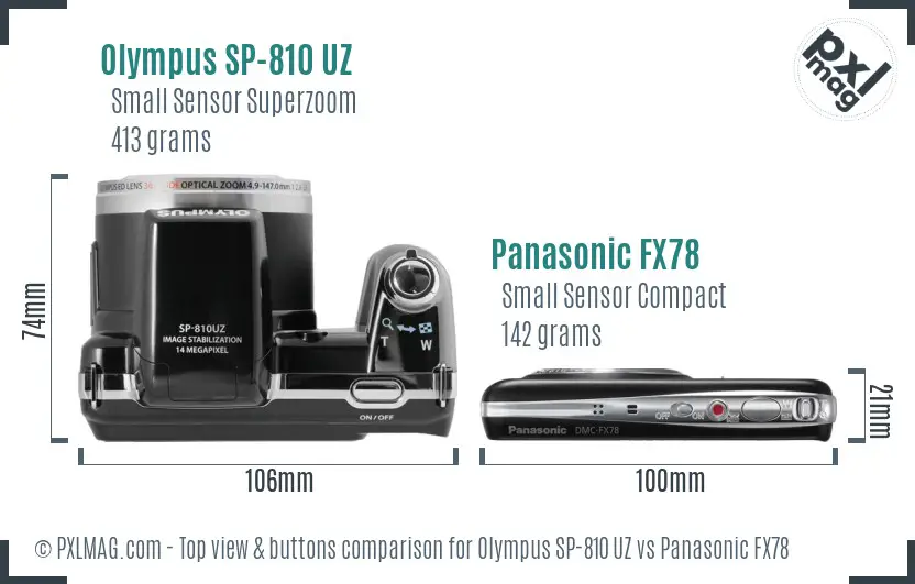 Olympus SP-810 UZ vs Panasonic FX78 top view buttons comparison