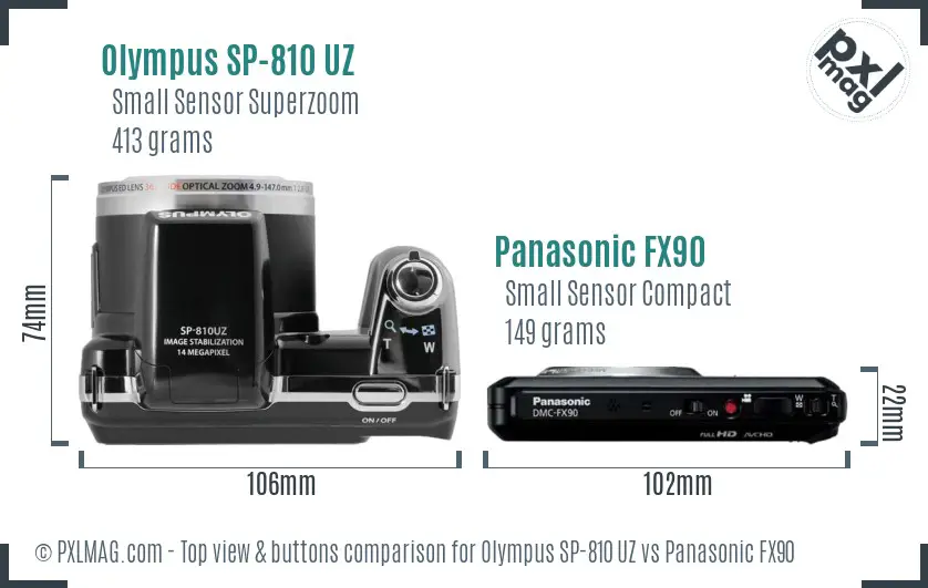 Olympus SP-810 UZ vs Panasonic FX90 top view buttons comparison