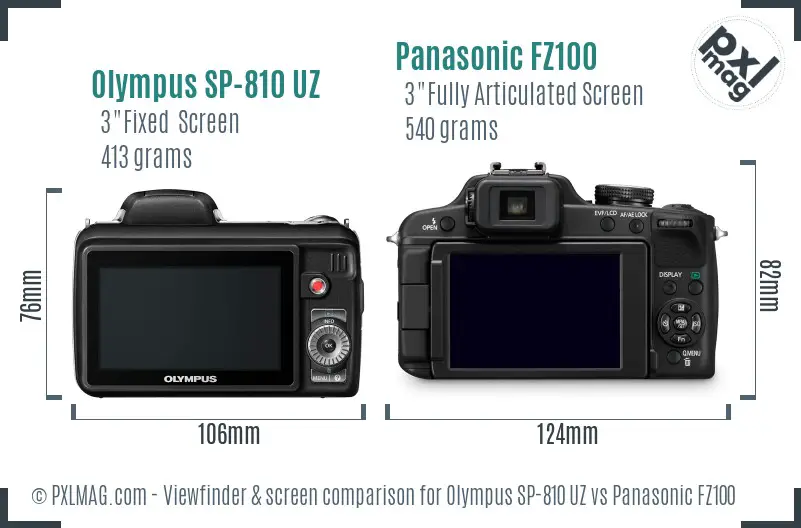 Olympus SP-810 UZ vs Panasonic FZ100 Screen and Viewfinder comparison