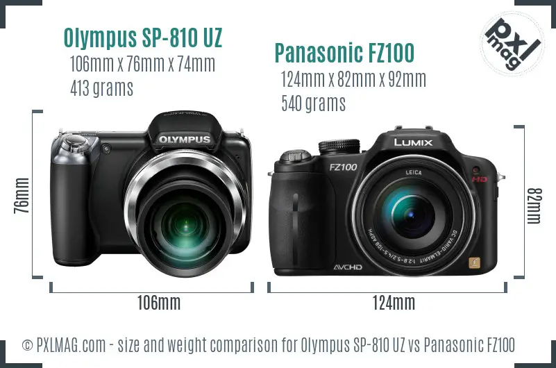 Olympus SP-810 UZ vs Panasonic FZ100 size comparison