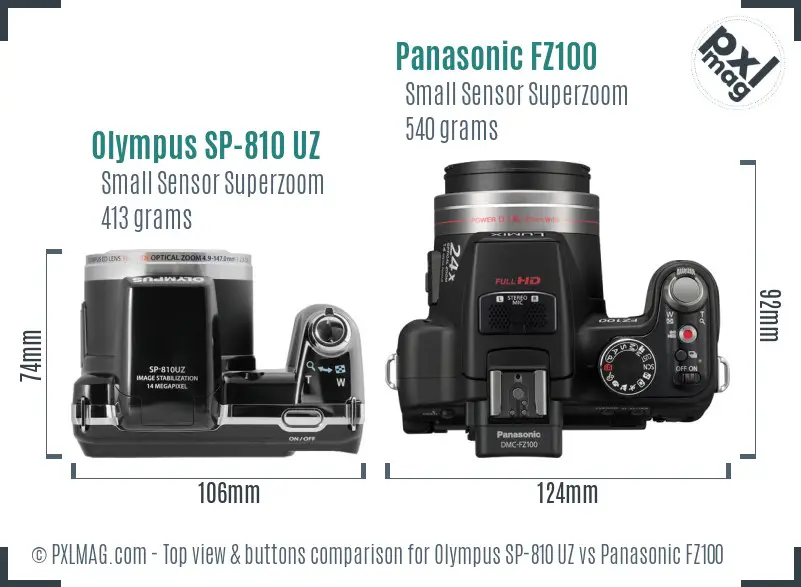 Olympus SP-810 UZ vs Panasonic FZ100 top view buttons comparison