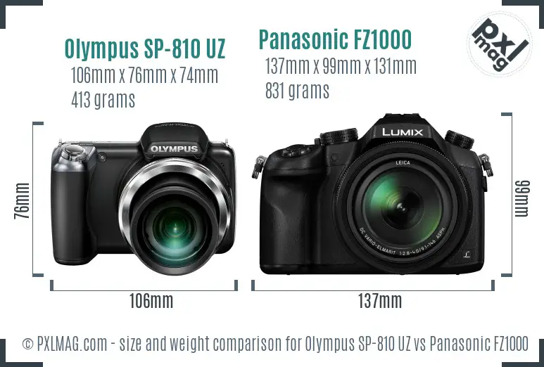 Olympus SP-810 UZ vs Panasonic FZ1000 size comparison