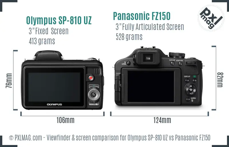 Olympus SP-810 UZ vs Panasonic FZ150 Screen and Viewfinder comparison