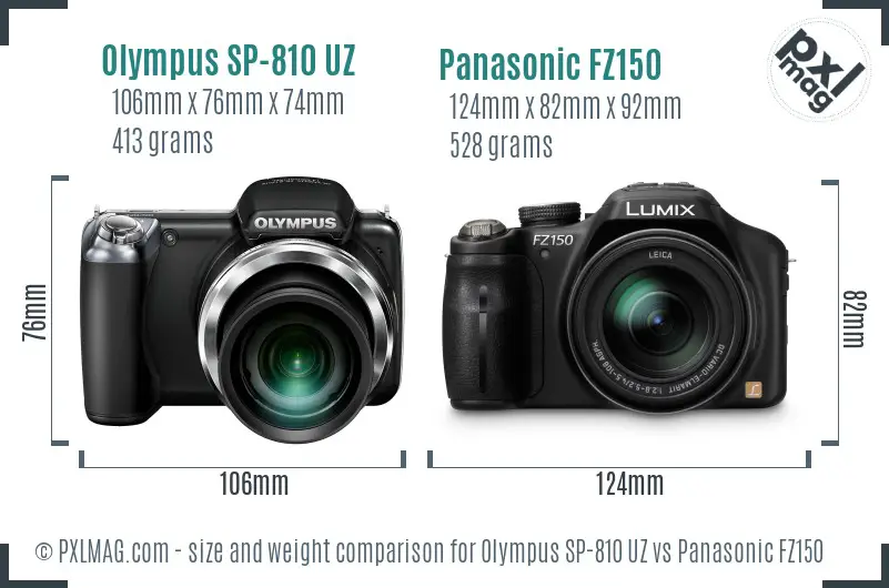 Olympus SP-810 UZ vs Panasonic FZ150 size comparison