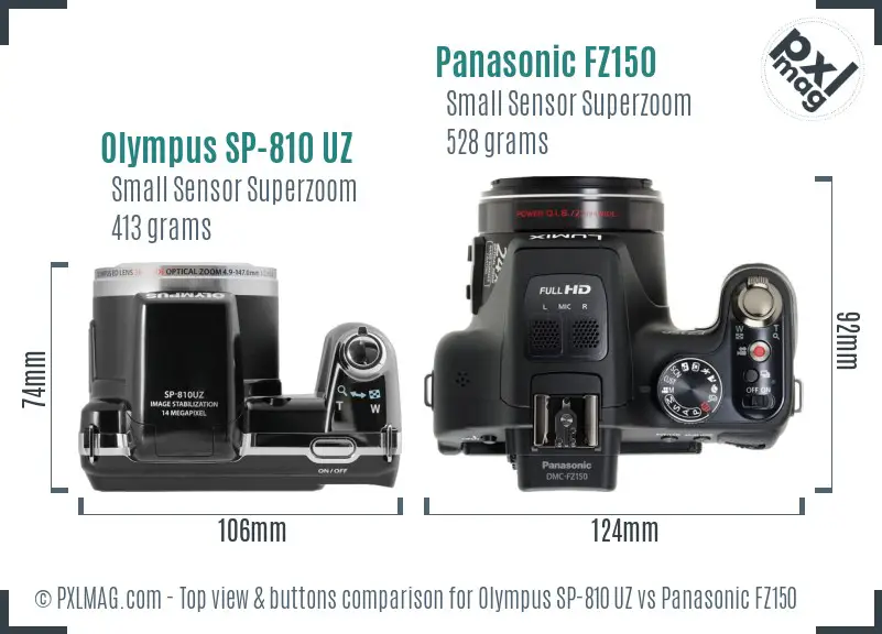 Olympus SP-810 UZ vs Panasonic FZ150 top view buttons comparison
