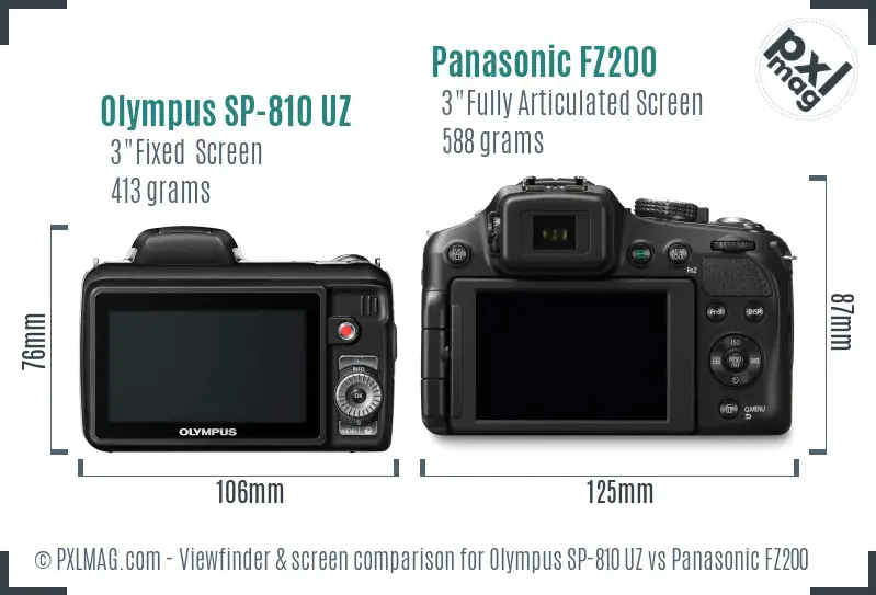 Olympus SP-810 UZ vs Panasonic FZ200 Screen and Viewfinder comparison