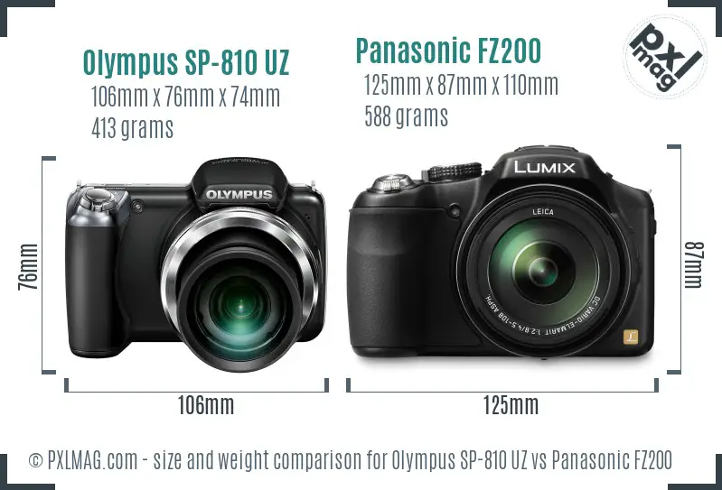 Olympus SP-810 UZ vs Panasonic FZ200 size comparison