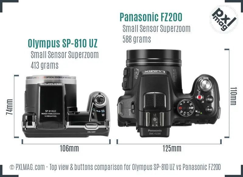 Olympus SP-810 UZ vs Panasonic FZ200 top view buttons comparison
