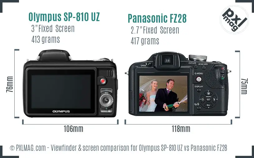 Olympus SP-810 UZ vs Panasonic FZ28 Screen and Viewfinder comparison