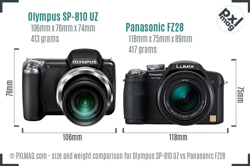 Olympus SP-810 UZ vs Panasonic FZ28 size comparison