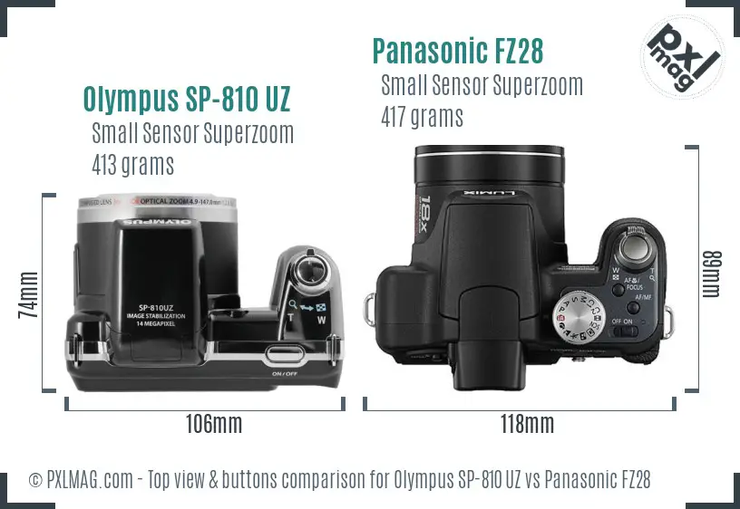 Olympus SP-810 UZ vs Panasonic FZ28 top view buttons comparison