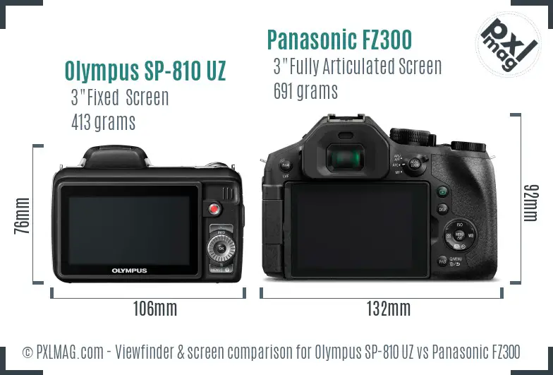 Olympus SP-810 UZ vs Panasonic FZ300 Screen and Viewfinder comparison