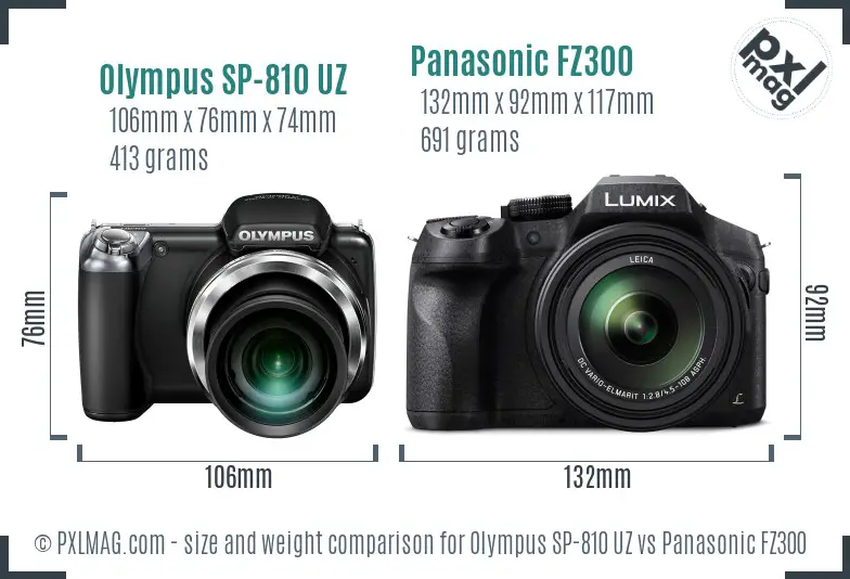 Olympus SP-810 UZ vs Panasonic FZ300 size comparison