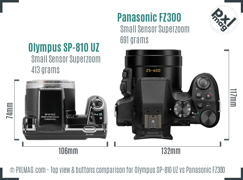Olympus SP-810 UZ vs Panasonic FZ300 top view buttons comparison