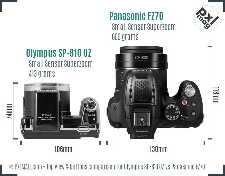 Olympus SP-810 UZ vs Panasonic FZ70 top view buttons comparison