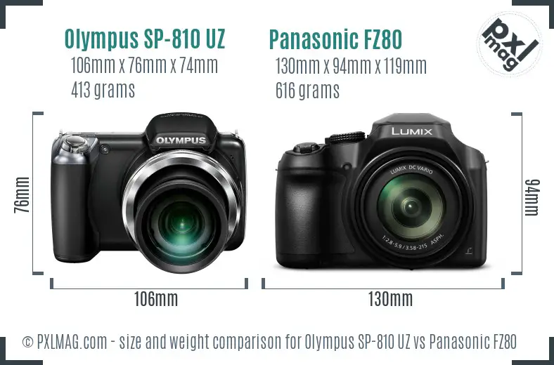Olympus SP-810 UZ vs Panasonic FZ80 size comparison
