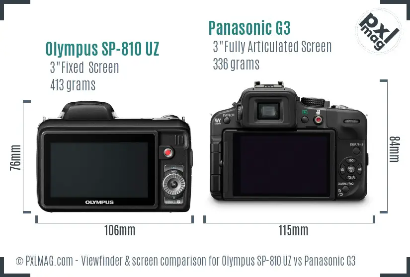 Olympus SP-810 UZ vs Panasonic G3 Screen and Viewfinder comparison