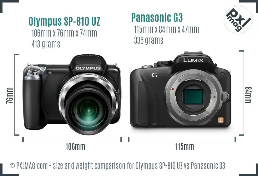 Olympus SP-810 UZ vs Panasonic G3 size comparison