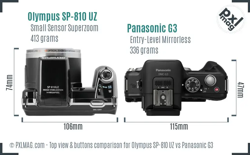 Olympus SP-810 UZ vs Panasonic G3 top view buttons comparison