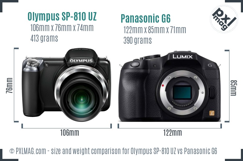 Olympus SP-810 UZ vs Panasonic G6 size comparison