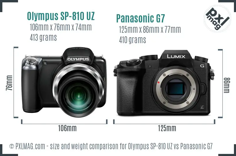 Olympus SP-810 UZ vs Panasonic G7 size comparison