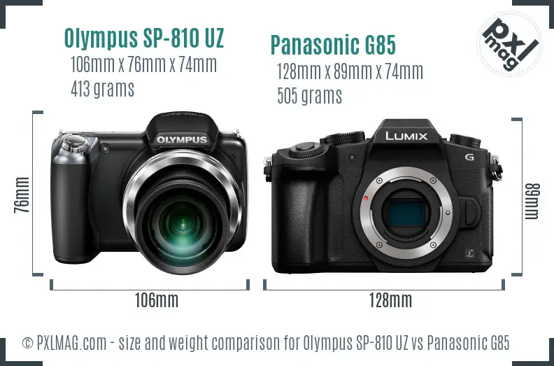Olympus SP-810 UZ vs Panasonic G85 size comparison