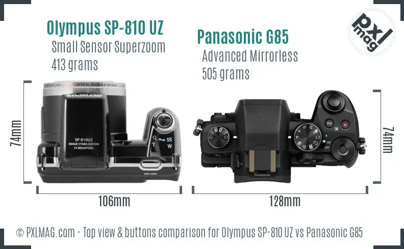 Olympus SP-810 UZ vs Panasonic G85 top view buttons comparison