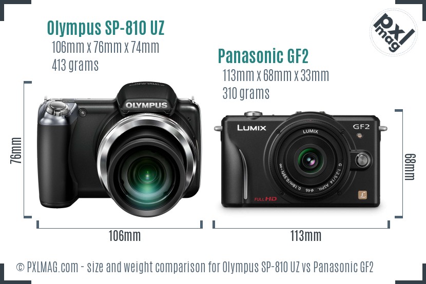 Olympus SP-810 UZ vs Panasonic GF2 size comparison