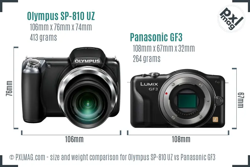 Olympus SP-810 UZ vs Panasonic GF3 size comparison