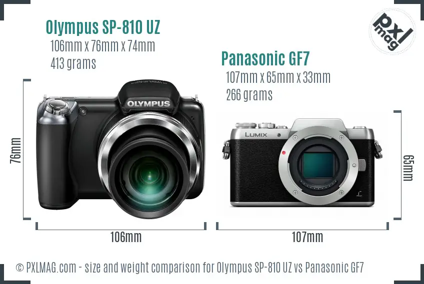 Olympus SP-810 UZ vs Panasonic GF7 size comparison