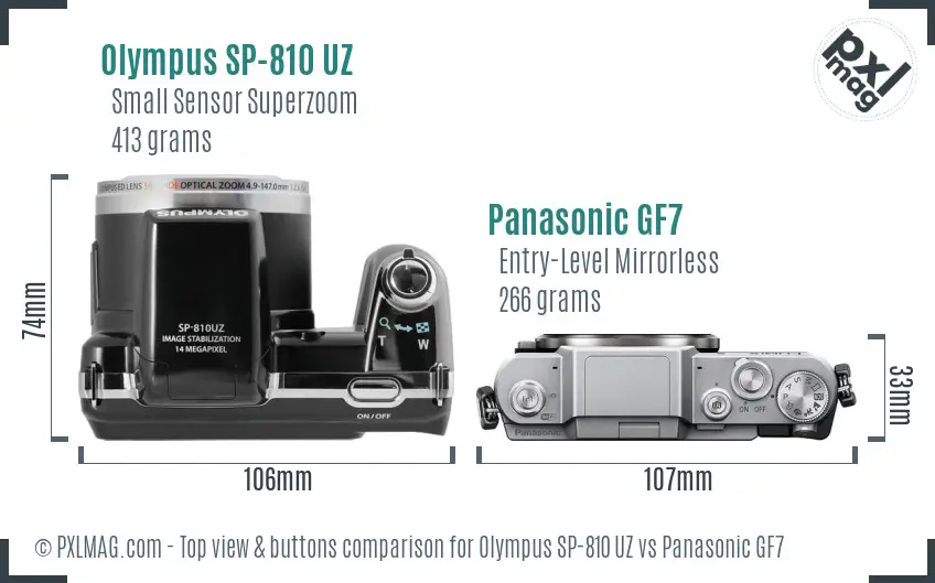 Olympus SP-810 UZ vs Panasonic GF7 top view buttons comparison