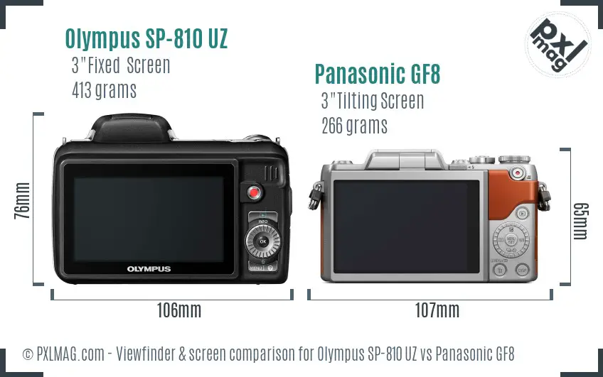 Olympus SP-810 UZ vs Panasonic GF8 Screen and Viewfinder comparison