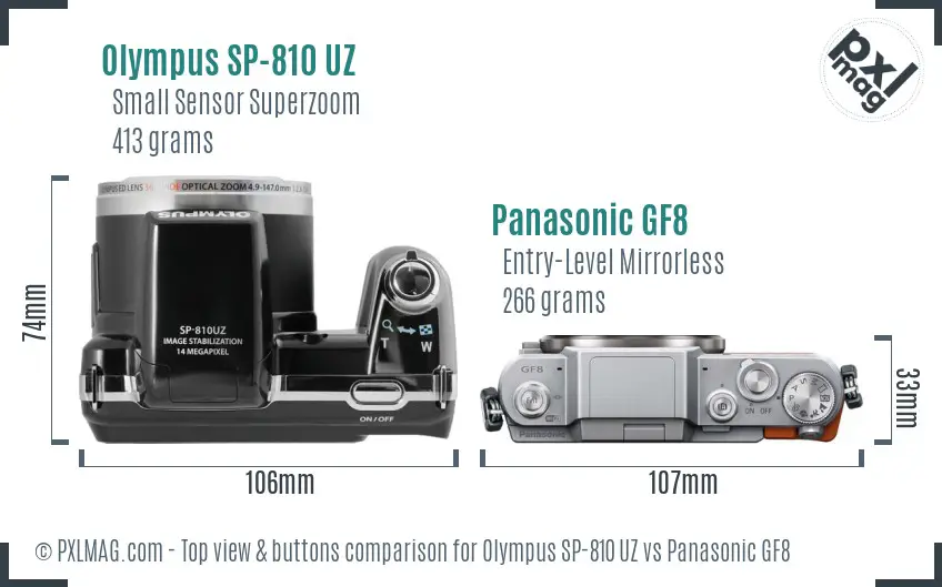 Olympus SP-810 UZ vs Panasonic GF8 top view buttons comparison
