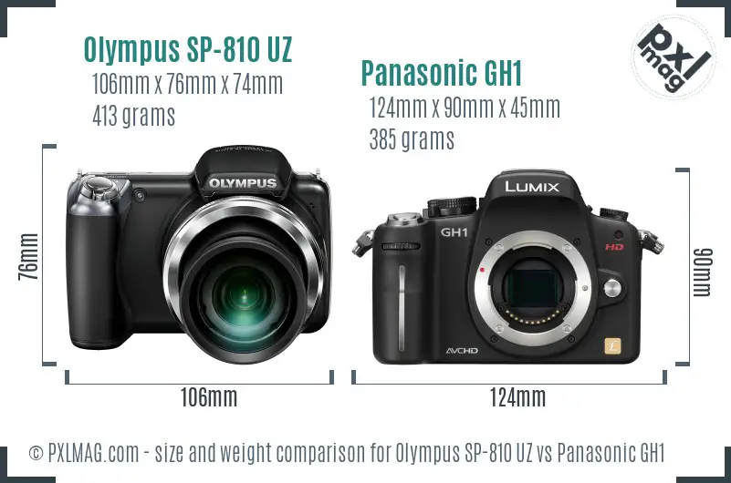 Olympus SP-810 UZ vs Panasonic GH1 size comparison