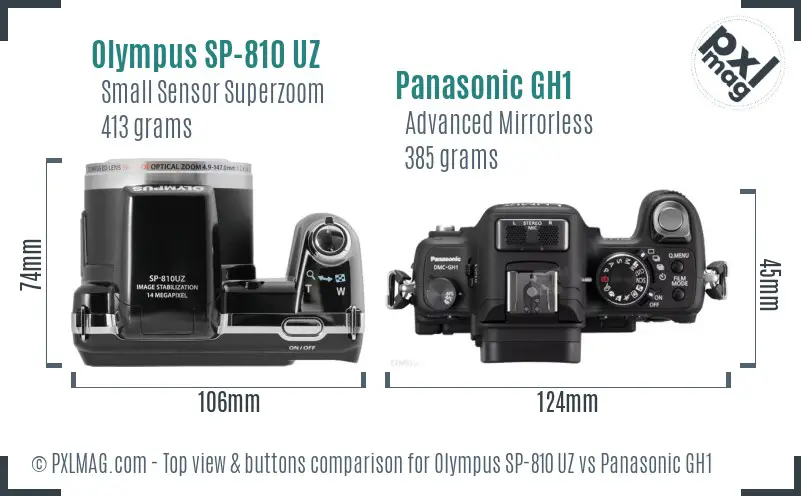 Olympus SP-810 UZ vs Panasonic GH1 top view buttons comparison