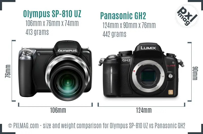 Olympus SP-810 UZ vs Panasonic GH2 size comparison