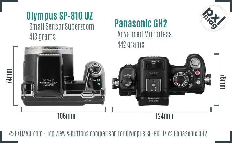 Olympus SP-810 UZ vs Panasonic GH2 top view buttons comparison