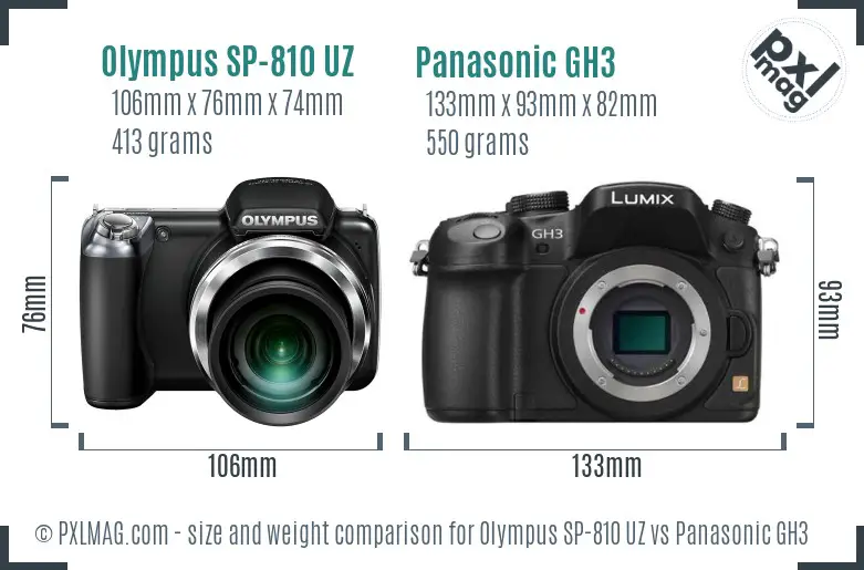 Olympus SP-810 UZ vs Panasonic GH3 size comparison