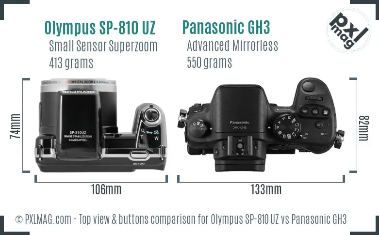 Olympus SP-810 UZ vs Panasonic GH3 top view buttons comparison