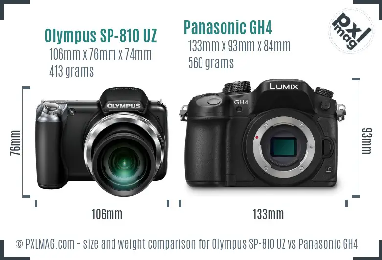 Olympus SP-810 UZ vs Panasonic GH4 size comparison