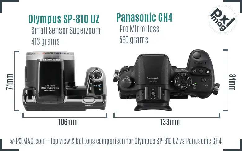 Olympus SP-810 UZ vs Panasonic GH4 top view buttons comparison