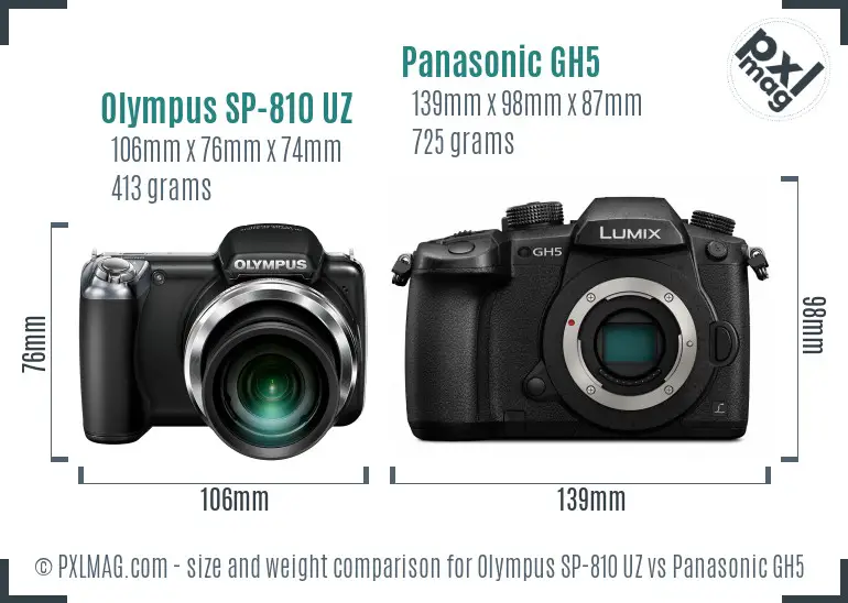 Olympus SP-810 UZ vs Panasonic GH5 size comparison