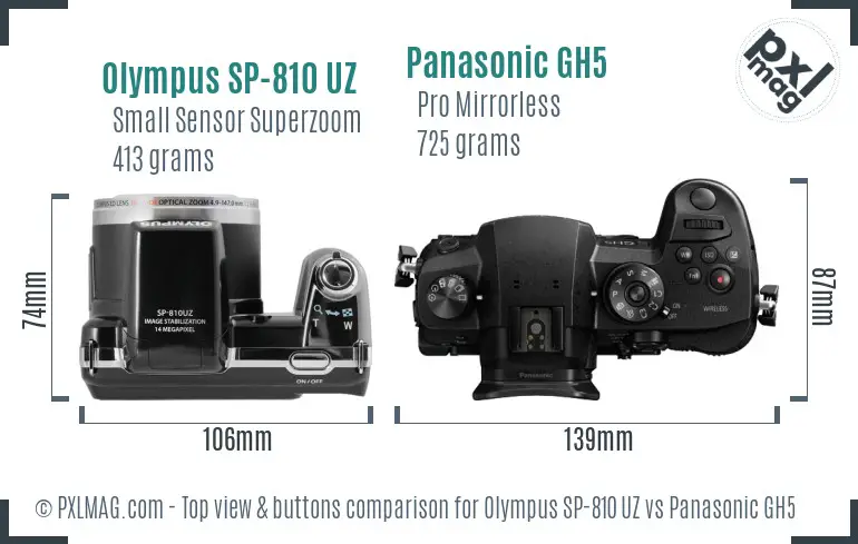 Olympus SP-810 UZ vs Panasonic GH5 top view buttons comparison