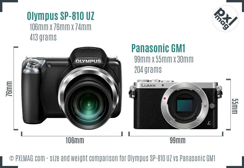 Olympus SP-810 UZ vs Panasonic GM1 size comparison